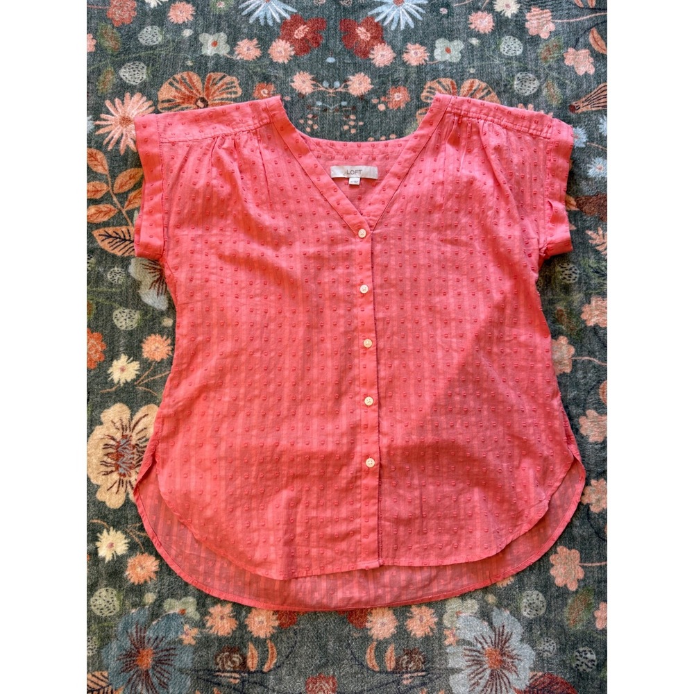 LOFT Womens Swiss Dot Button Down Blouse Coral Pink Cotton V-Neck Top Medium